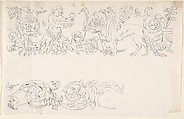 Designs for Decorative Borders with Floral Ornamentation and a Putto and Griffin, Anonymous, Italian, 17th century, Pen and gray ink over leadpoint or graphite (?)