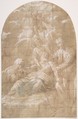 Death of Saint Joseph, Anonymous, Italian, Emilian (Parmese), 17th century  Italian, Red chalk, pen and brown ink, highlighted with white and blue-green gouache on light brown paper; squared in black chalk
