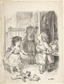 Three Little Girls in a Room Arguing and Spitting, Lorenz Frølich (Danish, Copenhagen 1820–1908 Hellerup), Pen and black ink over traces of a graphite underdrawing, touches of white gouache
