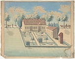 Bird's Eye View of a House and Garden with a Danish Flag Flying, Anonymous, Watercolor, pen and black ink, brush and gray ink