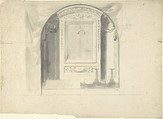 Design for a Chapel or Niche (Recto); Design for Decoration with Putto Head and Rinceau (Verso), Anonymous, Italian, 17th century, Point of brush and gray ink, over graphite underdrawing and ruled construction (recto);  Black chalk, pen and brown ink (putto head and wings)