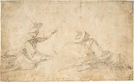 Man Fishing and Man Reclining Against a Rock, Anonymous, Italian, Neopolitan, 17th century  Italian, Pen and brown ink, brush and brown wash on cream paper