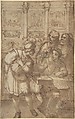 Architect in His Study Holding a Compass and Conversing with Three Men, Agostino Tassi  Italian, Pen and brown ink, brush and brown wash, over traces of black chalk on cream paper; framing line along right edge in brown ink