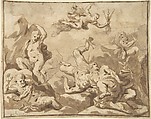 Fall of the Giants, Anonymous, Italian, Roman-Bolognese, 17th century  Italian, Pen and brown ink, brush and brown wash, over traces of black chalk on cream laid paper. Framing outline in brown ink along all edges