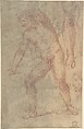 Landscape with Figures Crossing a Bridge (recto); Study of a Nude Male, Study of Legs, Study of Head in Profile to the Right (verso), Anonymous, Italian, Roman-Bolognese, 17th century, Pen and brown ink, brush and brown wash (recto); red chalk with some highlights in white chalk, some scribbles in black chalk at top edge (drawings on verso oriented vertically on sheet) (verso
Cream colored paper.
Fragments of framing outlines in brown ink visible along left, right, and bottom edges. Trace of black chalk framing line along upper left edge