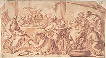 Mary Magdalen Washing Christ's Feet, Anonymous, Italian, Roman-Bolognese, 17th century  Italian, Red chalk, brush and red wash, on light tan paper; framing lines in red chalk