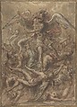 Saint Michael Expelling the Fallen Angels, Anonymous, Italian, Roman-Bolognese, 17th century, Pen and brown ink, brush with brown, rose, blue-green wash, over black chalk, highlighted with white gouache on light brown paper