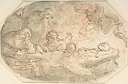 Death of a Saint, Anonymous, Italian, 17th or 18th century  Italian, Pen and brown ink, brush and brown wash, over red chalk on cream laid paper.  Oval framing outline by the artist -- in pen and brown ink; octagonal ruled framing outline in pen and brown ink