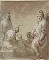 Group of Four Standing and Seated Figures and a Child, Anonymous, Italian, Roman-Bolognese, 17th century Italian, Pen and brown ink, brush and brown wash, over red chalk, highlighted with white gouache, on blue paper faded to gray-brown