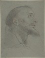 Bust-Length Study for the Head of Saint Francis in Near Profile Facing Right, Anonymous, Italian, Bolognese, 17th century Italian, Black and red chalk, traces of white chalk, on blue paper