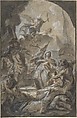 Martyrdom of Saint Ursula? Saint Paula?, Anonymous, Italian, Roman-Bolognese, 17th century  Italian, Pen and brown ink, brush and black and gray wash, highlighted with white gouache on light brown paper; squared for transfer in black chalk