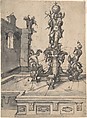 Design for an Elaborate Fountain Surmounted by a Statue of St. Christopher; verso: Studies of Architectural Details, Wendel Dietterlin, the Elder (German, Pfullendorf 1550/51–ca. 1599 Strasbourg), Pen and black ink, brush and gray wash; verso: black chalk and pen and black ink