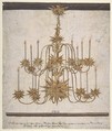 Design for a Chandelier with Sixteen Candles, Isaak Ehe  German, Brush and brown, ochre, and gold paint, touches of orange and blue gouache, over a preliminary sketch in gray gouache(?) on vellum prepared with white.