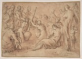 Christ Carrying the Cross, Caspar Fraisinger German, Pen and brown ink, brush and red wash; framing lines in pen and brown ink, possibly by the artist; framing lines in gold