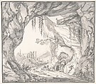 Mountainous Landscape with Ruins of a Castle and Three Men in a Cave, Seen through a Stone Gate, Johann Caspar Huber (Swiss, Glattfelden near Zürich 1752–1827 Zürich), Pen and black ink, brush and gray watercolor over graphite. Double framing line in ink.