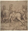 Knight on Horseback and Landsknecht, Albrecht Dürer German, Pen and brown ink, touches of brush and brown wash; fully layed down on paper backing