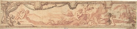 Design for a Frieze with a Coat of Arms with a Serpent and a Landscape Scene with Women and Children, Anonymous, Italian, 18th century Italian, Pen and ink and red chalk (partially pricked for transfer)
