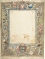 Design for a Frame with Armorial Trophies, the Medici Coat of Arms and a Second Coat of Arms, possibly of the Alberighi Family (?), Anonymous, Italian, 16th century  Italian, Pen and ink, watercolor