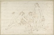 Nymphs, Satyr? and Putti, Anonymous, Italian, Roman-Bolognese, 17th century  Italian, Pen and brown ink over black chalk on cream paper; framing outline in black chalk