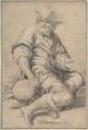 Seated Man Holding a Jug, Anonymous, Italian, Roman-Bolognese, 17th century  Italian, Black chalk highlighted with white chalk on light brown paper