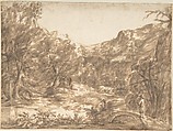 Landscape with Figure Standing on a Bridge, Anonymous, Italian, Roman-Bolognese, 17th century  Italian, Pen and brown ink, brush and brown wash over traces of black chalk on cream paper