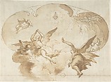Adoration of the Burning Heart: Ceiling Design, Anonymous, Italian, Roman-Bolognese, 17th century  Italian, Pen and brown ink, brush and brown wash over traces of black chalk on cream paper