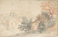 Landscape with House and Trees, Anonymous, Italian, Roman-Bolognese, 17th century Italian, Red and black chalk on cream paper