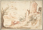 Landscape with Ruined Tower, Anonymous, Italian, Roman-Bolognese, 17th century Italian, Red and black chalk, reworked with brush and brown and red wash on cream paper