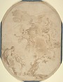Fall of Phaeton, Anonymous, Italian, Roman-Bolognese, 17th century Italian, Brush and brown wash over black chalk on light tan paper. Oval format. Oval framing outline in brown ink