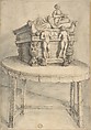 Sarcophagus on a Table, Anonymous, Italian, 18th century  Italian, Pen and bistre, washed with India ink