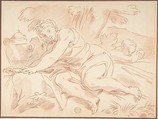 Nymph and Cupid, Anonymous, Italian, Roman-Bolognese, 17th century  Italian, Red chalk on cream paper