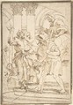Figures in a Temple, Anonymous, Italian, Roman-Bolognese, 17th century Italian, Pen and brown ink over black chalk on light tan paper