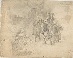 Military Cavaliers Entering Town Accompanied by a Turbaned Torch-bearer. In the foreground: Two Seated Women and a Child (recto); Several Cooks, and Two Pages with a Platter in a Kitchen Yard (verso), After Corrado Giaquinto (Italian, Molfetta 1703–1766 Naples), Pen and gray ink, and black chalk, on beige laid paper