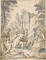 Diana and Actaeon, Georg Pecham  German, Pen and black ink and brown and blue wash over traces of black chalk