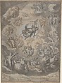 Flying Putti, Surrounding Archangel Raphael, Conrad Meyer (Swiss, Zürich 1618–1689 Zürich), Pen and brown and black ink, gray and brown wash, heightened in white