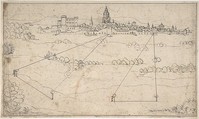 Perspectival Study with a View of a Medieval City, Attributed to Matthäus Merian the Elder (Swiss, Basel 1593–1650 Schwalbach), Pen and black ink, touches of red chalk