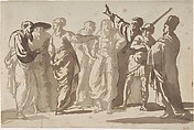 Group of Men, Master of the Large Figure Brush Drawings, Brush and brown wash over traces of black chalk