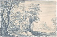 Landscape, Isaak Major  German, Pen and blue ink, brush and blue wash