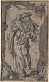 Allegory of Sculpture, Johann Andreas Rauch (Swiss, active Wangen, ca. 1617–28), Pen and black ink, brush and gray wash, heightened with white (partially oxidized), over traces of black chalk; framing lines in pen and black ink