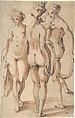 The Three Graces, Sebastian Schütz  German, Pen and black ink, brush and brown and gray wash, over red and black chalk
