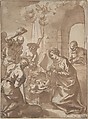 The Adoration of the Shepherds, Hans Rottenhammer I German, Black chalk, pen and brown ink, brown wash