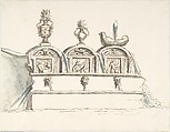 Fountains in Gardens of Villa D'Este, Tivoli (Cento Fontanelle), Anonymous, Italian, 18th century  Italian, Pen and brown ink, brush and gray and blue wash, over black chalk