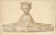 Design for a Decorated Base of a Candlestick Holder, Giulio Romano Italian, Pen and brown ink, brush and brown wash. Design silhouetted