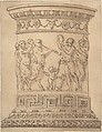 Pedestal with Relief Carving of a Bacchanal with Ornamental Borders, Anonymous, Italian, 18th century or early 19th century Italian, Pen and brown ink, brush and brown wash, over graphite on light-brown washed paper