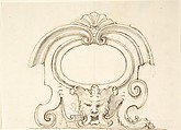 Cartouche with a Mask, Anonymous, Italian, Venetian, 18th century Italian, Pen and brown ink, brush and green-gray wash, over black chalk, on cream laid paper