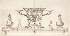 Drawing for Centerpiece and Salt Cellars, Anonymous, Italian, 18th century  Italian, Pen and ink and lavender wash