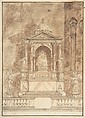 Design for an Altar: Virgin and Child Flanked by Saints, Two Angels in the Left and Right Foreground, Anonymous, Italian, 17th or 18th century  Italian, Pen and brown ink, brush and brown wash, over lead or graphite, on cream laid paper. Framing lines in brown ink