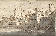 Houses by a River, Anonymous, Italian, Venetian, 18th century Italian, Pen and brown ink, brush and gray wash, over traces of charcoal, on cream laid paper. Ruled diagonal lines in graphite or lead running across upper half of sheet