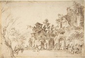 Landscape with Ruins, Anonymous, Italian, Venetian, 18th century Italian, Pen and brown ink on cream laid paper
