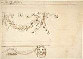 Design for a Frieze: Garland and Animal Skull, Anonymous, Italian, 18th century  Italian, Pen and brown ink, brush and brown wash, over black chalk on cream laid paper